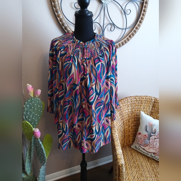 Investments Tops - Investments Multicolor Leaf-Print Smocked-Neck Blouse